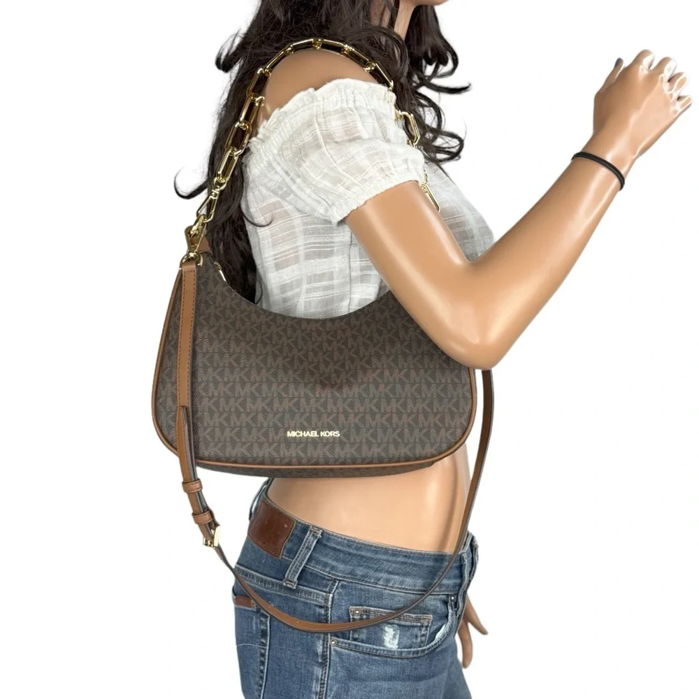 Michael Kors Cora Large Pouchette Shoulder Chain Crossbody Bag MK Brown